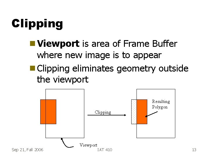 Clipping g Viewport is area of Frame Buffer where new image is to appear