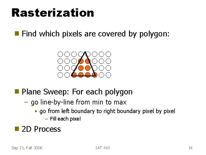 Rasterization g Find which pixels are covered by polygon: g Plane Sweep: For each