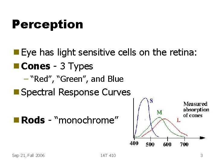 Perception g Eye has light sensitive cells on the retina: g Cones - 3