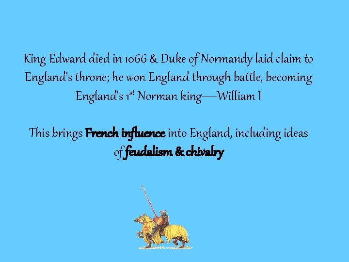 King Edward died in 1066 & Duke of Normandy laid claim to England’s throne;