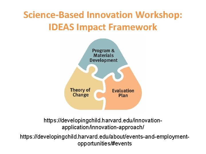 Science-Based Innovation Workshop: IDEAS Impact Framework https: //developingchild. harvard. edu/innovationapplication/innovation-approach/ https: //developingchild. harvard. edu/about/events-and-employmentopportunities/#events