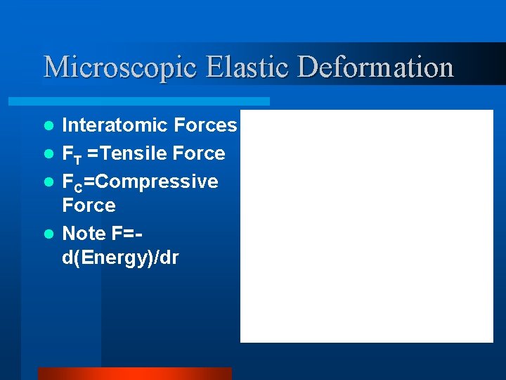 Microscopic Elastic Deformation Interatomic Forces l FT =Tensile Force l FC=Compressive Force l Note
