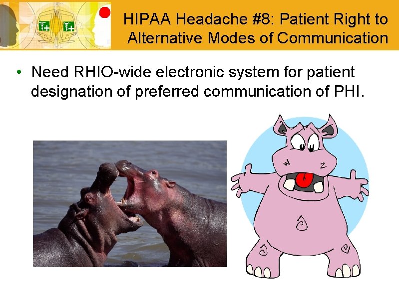 HIPAA Headache #8: Patient Right to Alternative Modes of Communication • Need RHIO-wide electronic