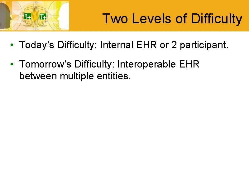 Two Levels of Difficulty • Today’s Difficulty: Internal EHR or 2 participant. • Tomorrow’s