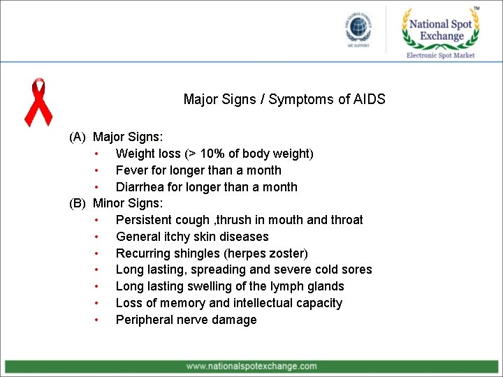 Major Signs / Symptoms of AIDS (A) Major Signs: • Weight loss (> 10%