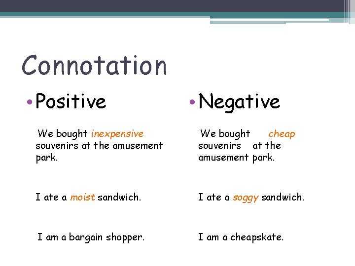 Connotation • Positive • Negative We bought inexpensive souvenirs at the amusement park. We