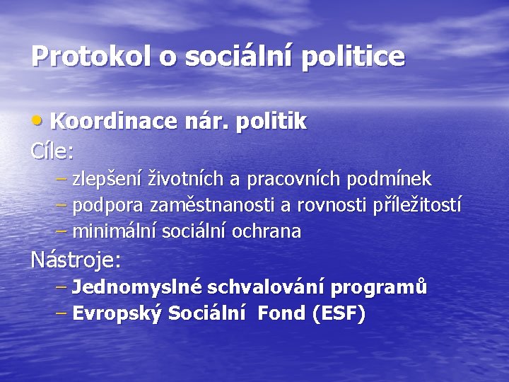 Protokol o sociální politice • Koordinace nár. politik Cíle: – zlepšení životních a pracovních