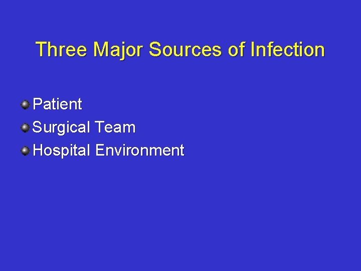 Three Major Sources of Infection Patient Surgical Team Hospital Environment 