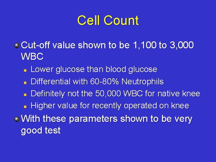 Cell Count Cut-off value shown to be 1, 100 to 3, 000 WBC n