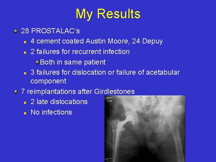 My Results 28 PROSTALAC’s n 4 cement coated Austin Moore, 24 Depuy n 2