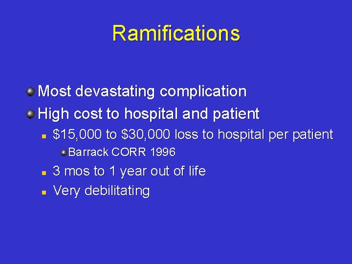 Ramifications Most devastating complication High cost to hospital and patient n $15, 000 to