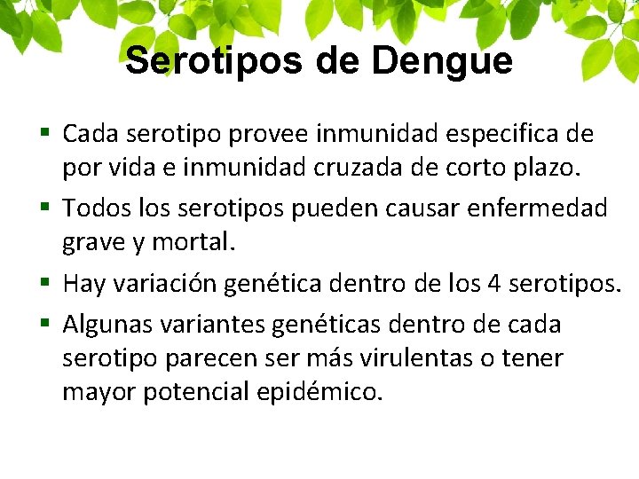 Serotipos de Dengue § Cada serotipo provee inmunidad especifica de por vida e inmunidad