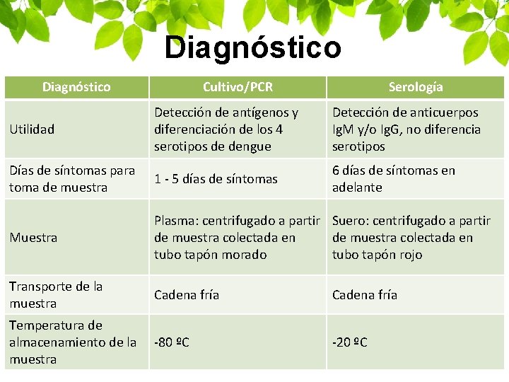 Diagnóstico Cultivo/PCR Serología Utilidad Detección de antígenos y diferenciación de los 4 serotipos de