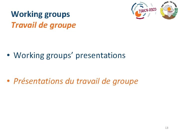 Working groups Travail de groupe • Working groups’ presentations • Présentations du travail de