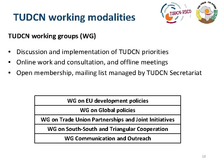 TUDCN working modalities TUDCN working groups (WG) • Discussion and implementation of TUDCN priorities