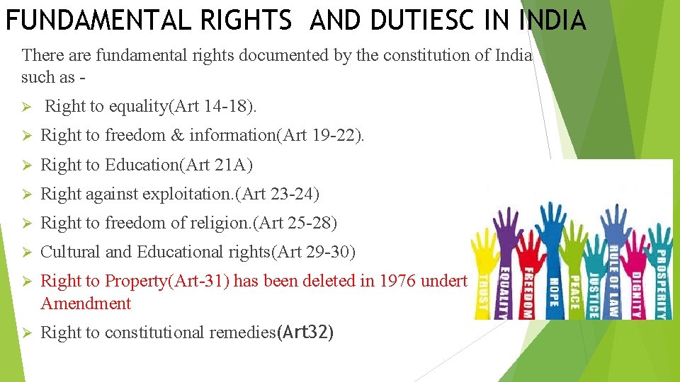 FUNDAMENTAL RIGHTS AND DUTIESC IN INDIA There are fundamental rights documented by the constitution