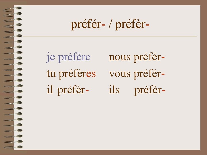 préfér- / préfèrje préfère tu préfères il préfèr- nous préférvous préférils préfèr- 