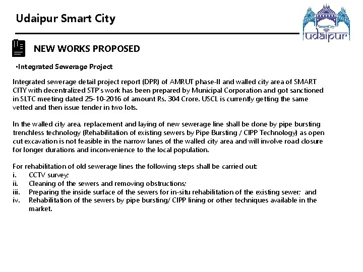Udaipur Smart City NEW WORKS PROPOSED • Integrated Sewerage Project Integrated sewerage detail project