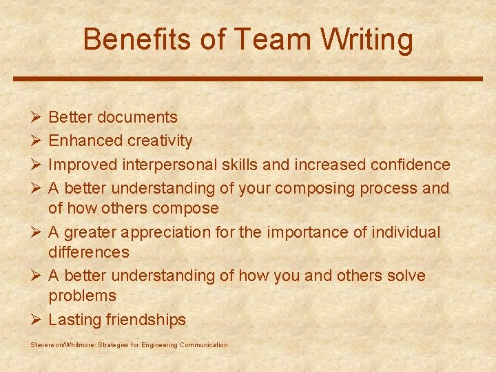 Benefits of Team Writing Ø Ø Better documents Enhanced creativity Improved interpersonal skills and