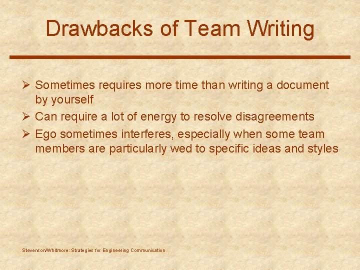 Drawbacks of Team Writing Ø Sometimes requires more time than writing a document by