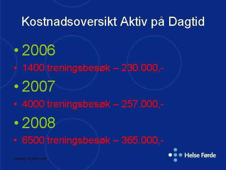 Kostnadsoversikt Aktiv på Dagtid • 2006 • 1400 treningsbesøk – 230. 000, - •