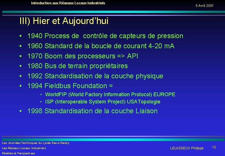 Introduction aux Réseaux Locaux Industriels 5 Avril 2001 III) Hier et Aujourd’hui • •