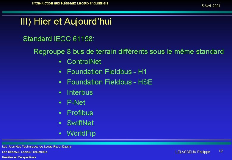 Introduction aux Réseaux Locaux Industriels 5 Avril 2001 III) Hier et Aujourd’hui Standard IECC