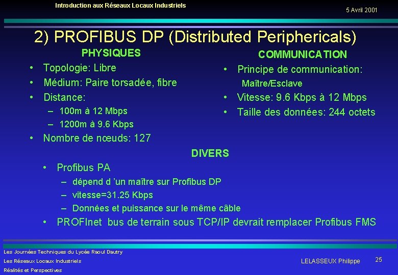 Introduction aux Réseaux Locaux Industriels 5 Avril 2001 2) PROFIBUS DP (Distributed Periphericals) PHYSIQUES