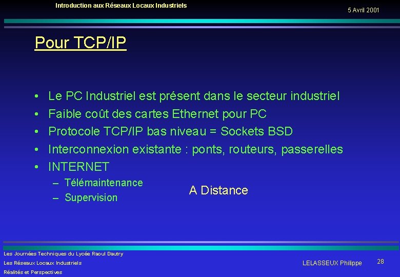 Introduction aux Réseaux Locaux Industriels 5 Avril 2001 Pour TCP/IP • • • Le