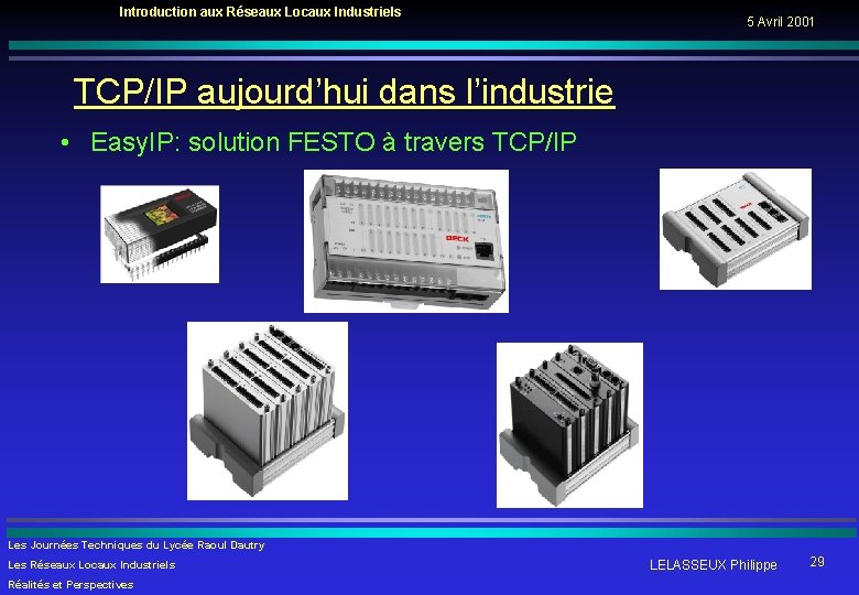 Introduction aux Réseaux Locaux Industriels 5 Avril 2001 TCP/IP aujourd’hui dans l’industrie • Easy.