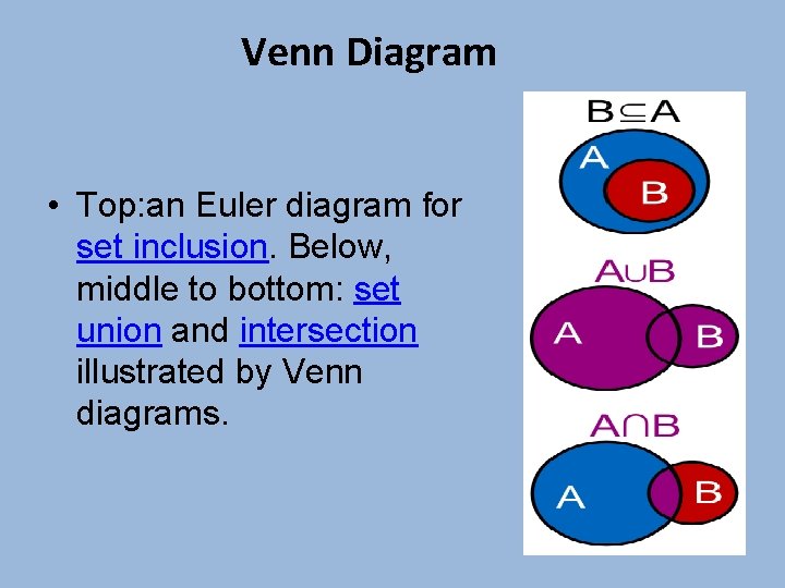 Venn Diagram • Top: an Euler diagram for set inclusion. Below, middle to bottom: