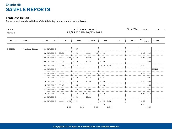 Chapter 08 SAMPLE REPORTS Tardiness Report showing daily activities of staff detailing lateness and