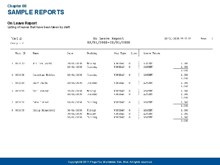 Chapter 08 SAMPLE REPORTS On Leave Report Listing of leaves that have been taken