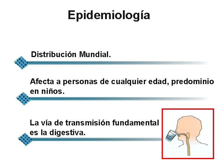 Epidemiología Distribución Mundial. Afecta a personas de cualquier edad, predominio en niños. La vía