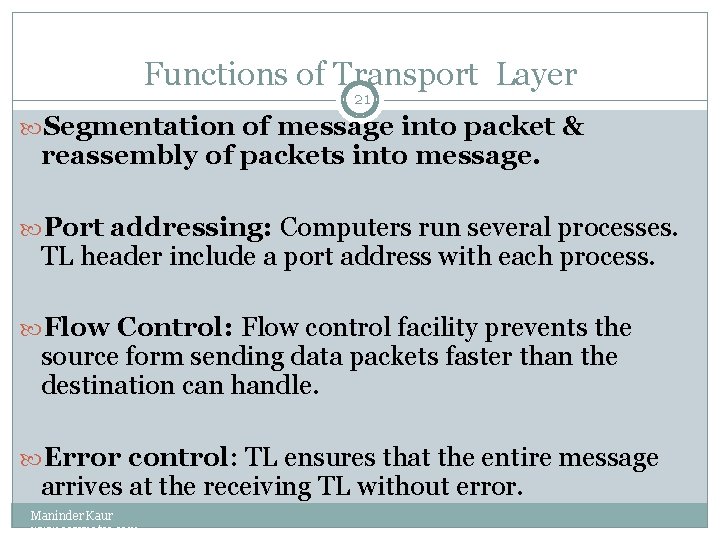 Functions of Transport Layer 21 Segmentation of message into packet & reassembly of packets