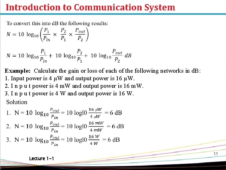 Introduction to Communication System Example: Calculate the gain or loss of each of the