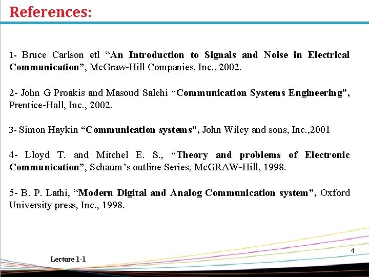 References: 1 - Bruce Carlson etl “An Introduction to Signals and Noise in Electrical