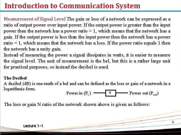 Introduction to Communication System Measurement of Signal Level The gain or loss of a