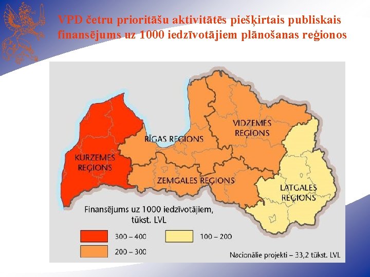 VPD četru prioritāšu aktivitātēs piešķirtais publiskais finansējums uz 1000 iedzīvotājiem plānošanas reģionos 