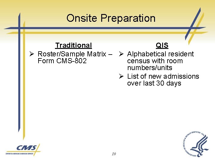 Onsite Preparation Traditional QIS Ø Roster/Sample Matrix – Ø Alphabetical resident Form CMS-802 census
