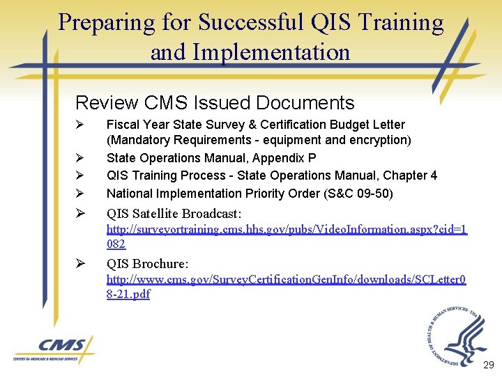 Preparing for Successful QIS Training and Implementation Review CMS Issued Documents Ø Ø Fiscal