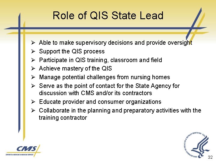 Role of QIS State Lead Ø Ø Ø Able to make supervisory decisions and