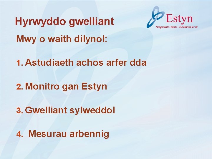 Hyrwyddo gwelliant Mwy o waith dilynol: 1. Astudiaeth achos arfer dda 2. Monitro gan