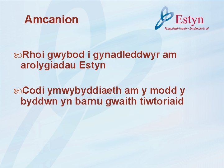 Amcanion Rhoi gwybod i gynadleddwyr am arolygiadau Estyn Codi ymwybyddiaeth am y modd y