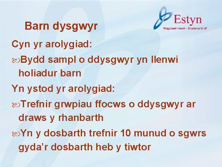 Barn dysgwyr Cyn yr arolygiad: Bydd sampl o ddysgwyr yn llenwi holiadur barn Yn