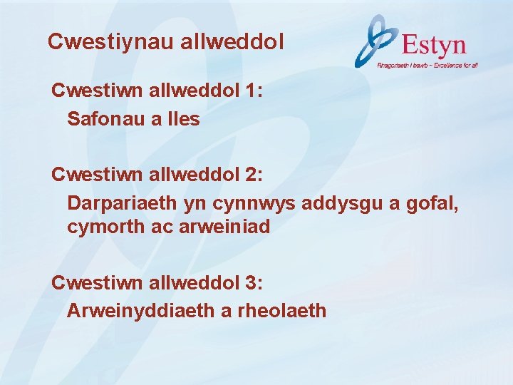 Cwestiynau allweddol Cwestiwn allweddol 1: Safonau a lles Cwestiwn allweddol 2: Darpariaeth yn cynnwys