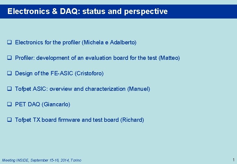 Electronics & DAQ: status and perspective q Electronics for the profiler (Michela e Adalberto)