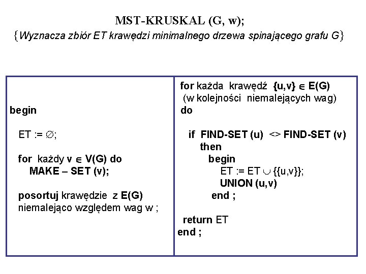 MST-KRUSKAL (G, w); {Wyznacza zbiór ET krawędzi minimalnego drzewa spinającego grafu G} begin ET