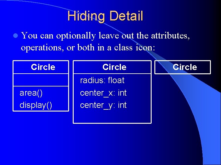 Hiding Detail l You can optionally leave out the attributes, operations, or both in