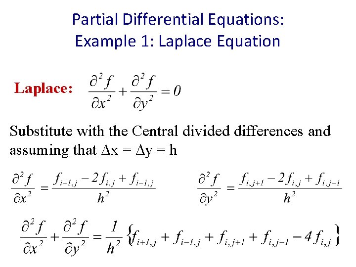 Partial Differential Equations: Example 1: Laplace Equation Laplace: Substitute with the Central divided differences
